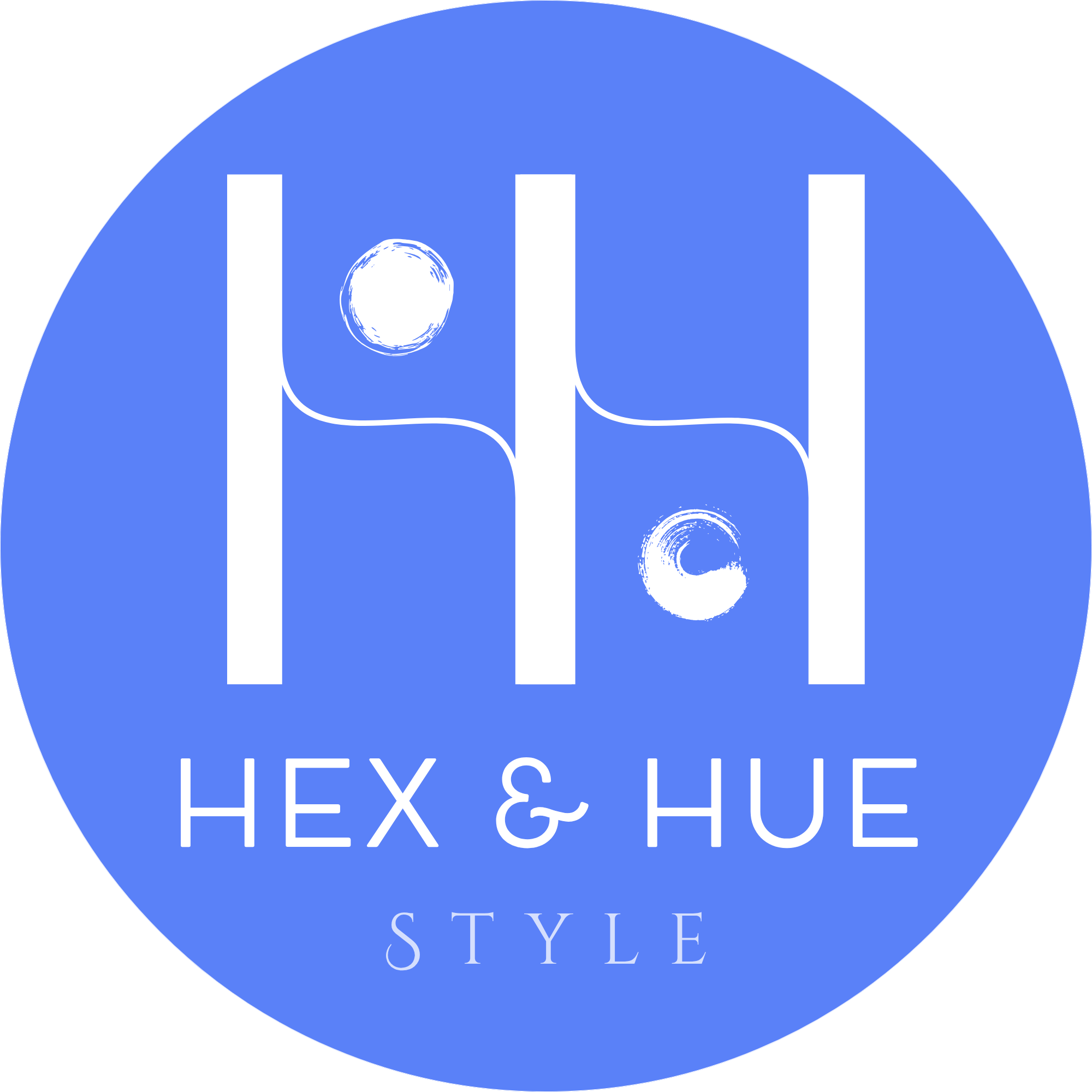 Personal colour analysis: Hex & Hue Style's logo. A stylised depiction of two 'h's with two brush marks to the left. To the right are the words 'Hex & Hue' on the top line and 'Style' on the bottom line. All text and imagery is in white on a periwinkle blue circular background.