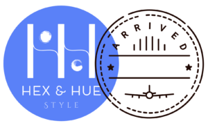 Personal colour analysis: the Hex & Hue Style logo with a passport arrival stamp overlapping it.